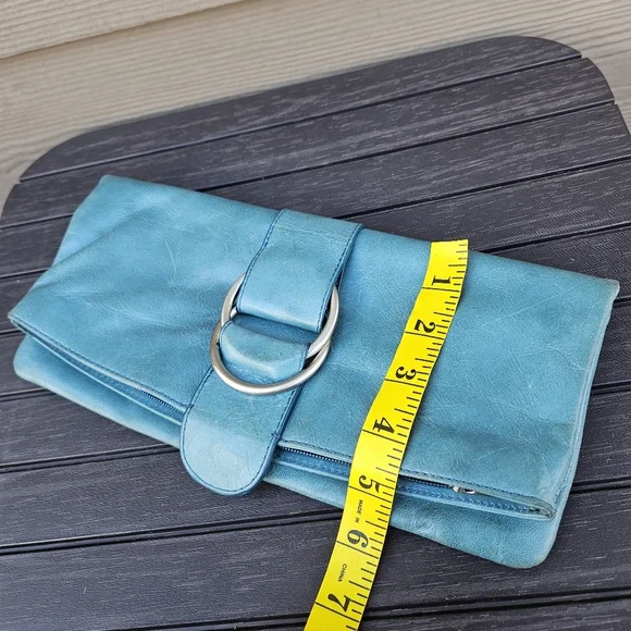 Hobo International Teal Blue Aqua Leather Fold Over Clutch Bag Small Purse